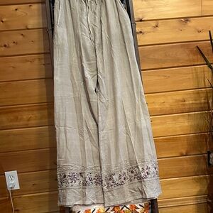 Embroidered Wide Leg Pants - Tan